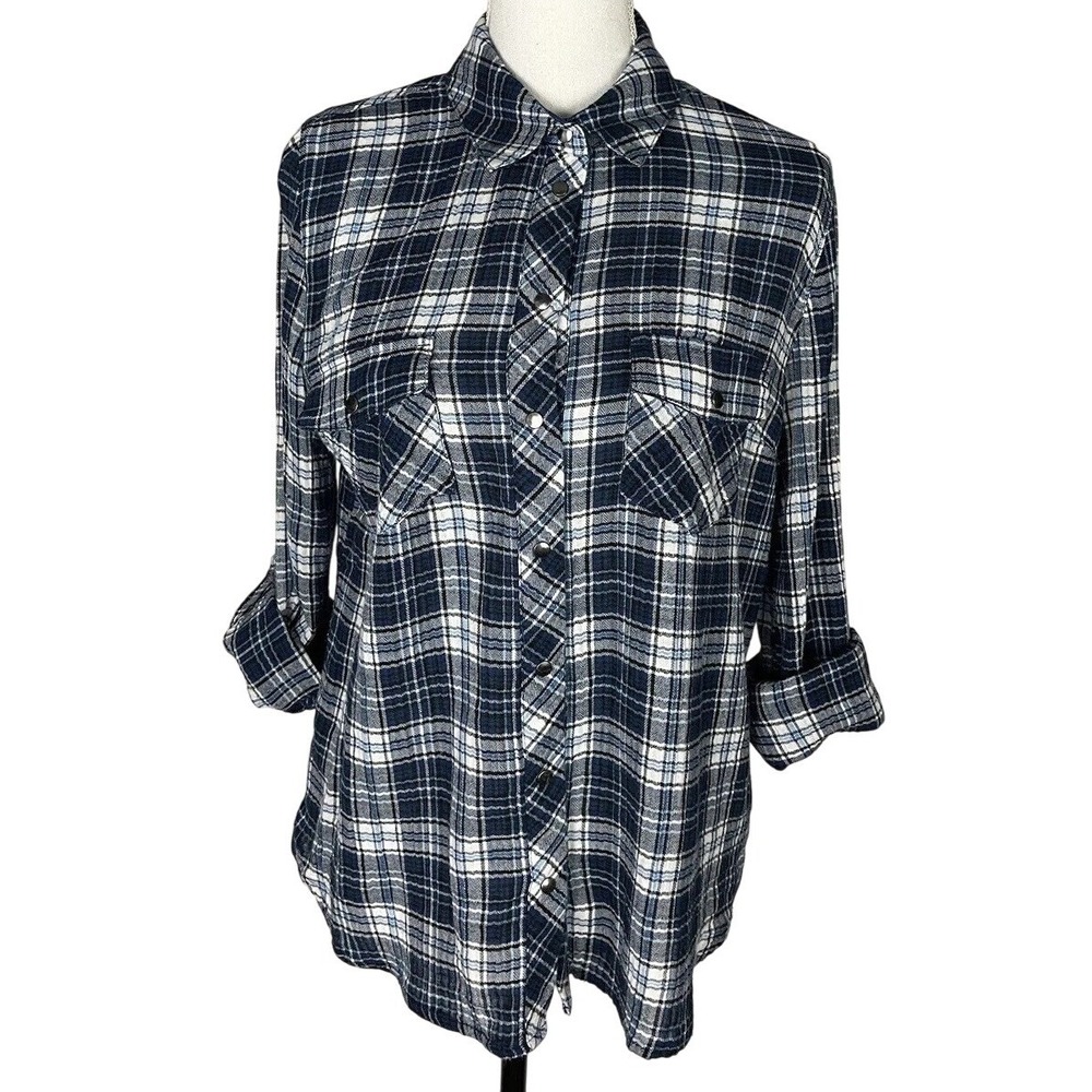 Kut From The Kloth Shirt Womens S Blue Flannel Snap Front Roll Tab Sleeve Cotton